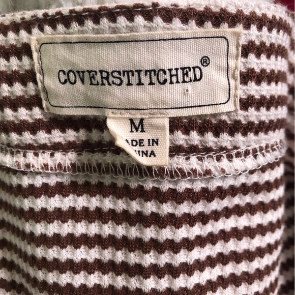 Coverstitched Medium Brown White Striped Lace-Up Women's Top L/S Tie Front - Picture 3 of 5